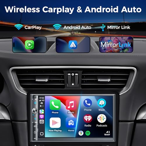 Kissound Double Din Car Stereo with 7" HD Touchscreen, Wireless Apple Carplay & Android Auto, Bluetooth, 240W, SWC, Subwoofer Output, Mirror Link, FM/AM Car Radio Receiver, Backup Camera