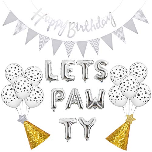 Dog Birthday Party Supplies, Lets Pawty Balloons Banner,Paw Print Balloons, Pet Birthday Hat Happy Birthday Banner Foil Balloons
