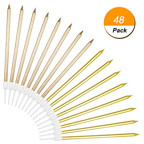 Muhuyi 48 Count Party Long Thin Cake Candles Metallic Birthday Candles in Holders for Birthday Cakes Decorations, Gold and Champagne Gold - Thumbnail 6