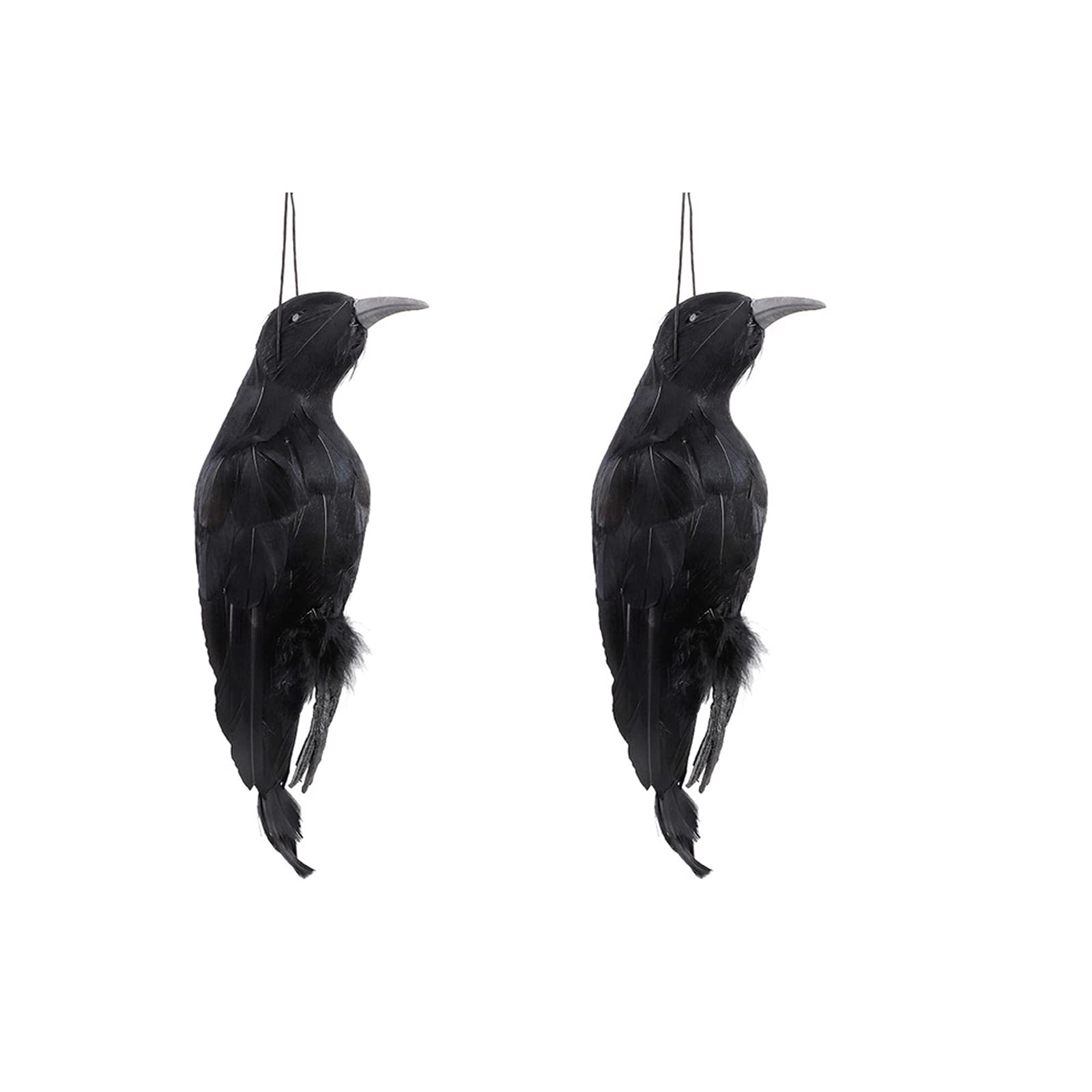 HJHIWE 12.6 Inch Halloween Hanging Crow, 2 Pack Scary Artificial Black Feather Crow Bird Lifesize Halloween Party Props and Decorations for Party Indoor and Outdoor.