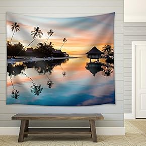 Tropical Sunset at Moorea, French Polynesia - Fabric Wall Tapestry Home Decor - 51x60 inches