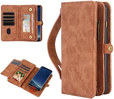 CXCase Galaxy S8 Plus Wallet Multi Card Holder [ID Slot][Card Slots][Zipper][Hand Grip] Folio PU Leather Cover With Detachable Magnetic Hard Case For Samsung Galaxy S8 Plus (SM-G9550) - Brown