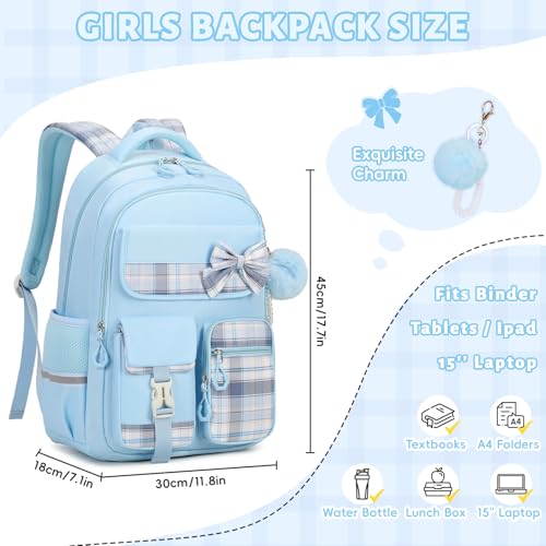 Tanou Girls' Primary School Backpack | Waterproof Daypack for Teens, Kawaii Checked School Bag for Girls 9-16 Years Old for Travel, Blue