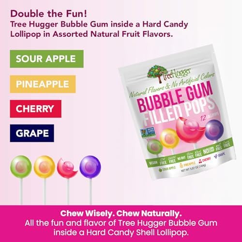 TREE HUGGER BUBBLE GUM FILLED POPS IN STAND UP RESEALABLE BAGS, 6 BAGS (12 POPS PER BAG).