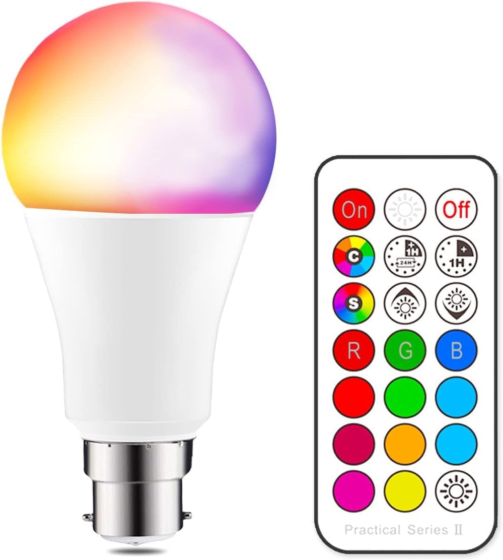iLC Colour Changing Light Bulb Cool White 5700K 10W B22 Bayonet RGBW LED Light Bulbs - 12 Color Choices - Remote Controller Included for Home/Decoration/Bar/Party/KTV Mood Ambiance Lighting