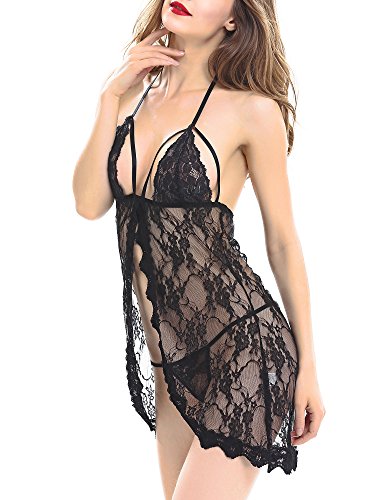 Aoymay-Womens-Sexy-Lingerie-Lace-Babydoll-Split-Design-Nightwear-Halter-Lingerie-Set