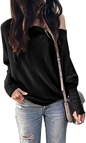Okvpajdo Women's Off Shoulder Waffle Knit Long Sleeve Loose Pullover Tunic Tops Shirts Sweatshirt