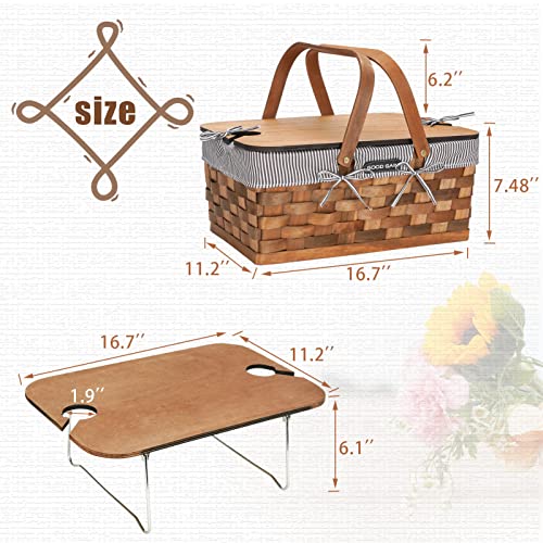 Woodchip Picnic Basket for 2 with Portable Wine Table, Woven Basket