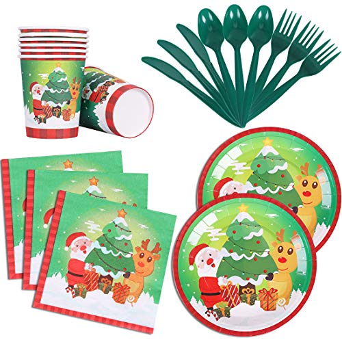 192Pcs Christmas Party Supplies Set Serves 24 Guests Xmas Party Pack Santa elk Disposable Dinnerware Paper Plates Napkins Cups Spoons Forks Knives Tableware Set