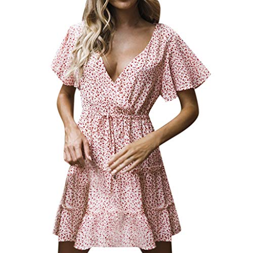 YEZIJIN Blouses for Plus Size Women 2019 Sexy Sexy Printing Ruffles Short Sleeve Dress Princess Dress Pink