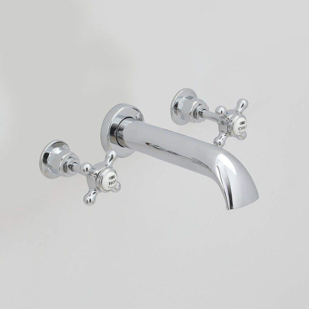 Hudson Reed Old London BC309HX Topaz | Traditional Bathroom Wall Mounted Top Crosshead Handles and Hexagonal Collars, 69mm x 218mm, Chrome/White, Bath Spout and Stop Taps, Set of 2 Pieces