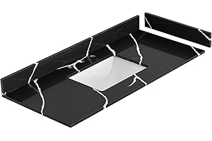 EQLOO 48 in. W x 22 in D Quartz Vanity Top in Black Marquina,with One Sidesplash & One Backsplash, Vanity Sink Top with Assembled Single Drop-in Sink, Pre-Drilled 8 Inch Faucet Hole Countertop