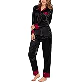 SWOMOG Womens Silk Satin Pajamas Set Long Sleeve Sleepwear Two Pieces Loungewear Set Button-Down Contrast Pjs Set