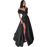 XNBYYM Pleated Off The Shoulder Satin Prom Dresses for Women, Formal Evening Gowns Cocktail Party Dresses with Slit&Pockets