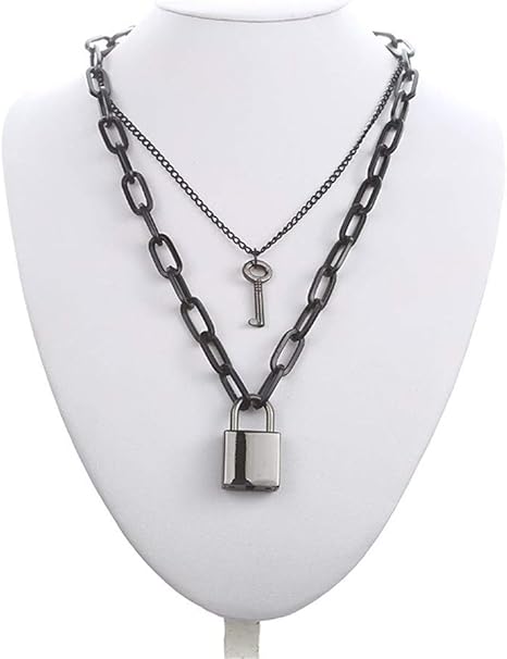 Amazon Co Jp Rswj 二重層ロックチェーンネックレスパンク90年代のリンクチェーンシルバーカラー南京錠ペンダントネックレス女性の ファッションゴシックジュエリー Color ホーム キッチン