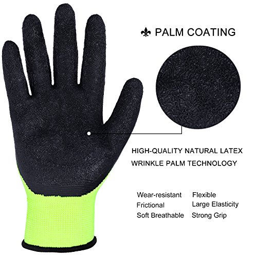 FWPP High Visibility Latex Coated Work Gloves,Soft Handiness Wearproof Skid Resistance Comfortable Wrinkle Safety Protective Glove,Pack of 12Pairs Large, Fluorescence Yellow