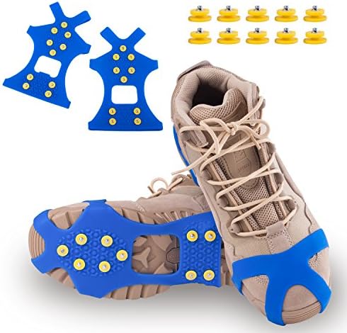 DUALF Traction Cleats, Snow Grips Ice Creepers Over Shoe Boot,Anti Slip 10-Studs TPE Rubber Crampons with 10 Free Studs for Footwear (Blue/Black) (Blue, Large)
