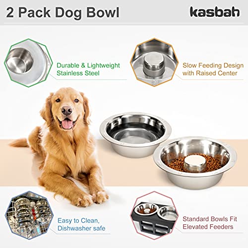 KASBAH 2 Pack Stainless Steel Dog Bowl for Large Dogs,Standard Bowls Fit Elevated Feeders Metal Bowl Durable Dog Slow Feeder Bowl Stop Gulping Dog Food and Water Eating Bowl