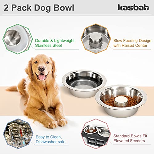 KASBAH 2 Pack Stainless Steel Dog Bowl for Large Dogs,Standard Bowls Fit Elevated Feeders Metal Bowl Durable Dog Slow Feeder Bowl Stop Gulping Dog Food and Water Eating Bowl