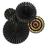 Ling's moment Paper Fans Decorations, Paper Fans Hanging, Gatsby Party Fans (Black, Gold) Set of 4 Fans