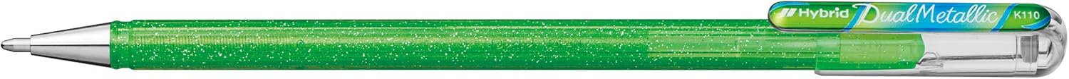 Pentel K110 Hybrid DualMetallic Gel Rollerball, 1.0mm Tip, Light Green/Metallic Blue and Red (Single Pen)
