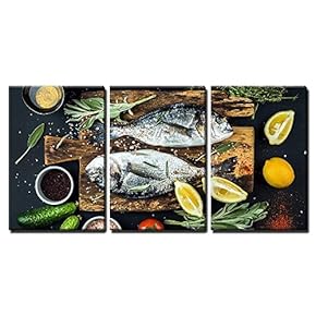 3 Piece Canvas Wall Art - Fresh Uncooked Dorado or Sea Bream Fish with Lemon, Herbs, Oil - Modern Home Art Stretched and Framed Ready to Hang - 16"x24"x3 Panels