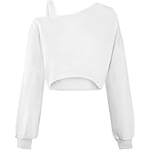 Remidoo Off The Shoulder Sweatshirt Long Sleeve Crop Top Cropped Asymmetrical Neck Shirt White X-Small