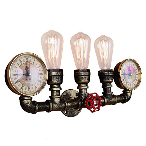 Lingkai Industrial Water Pipe Wall Sconce 3-Light Steampunk Lighting Wall Light Fixture Vintage Wall Lamp in Antique Bronze Finish