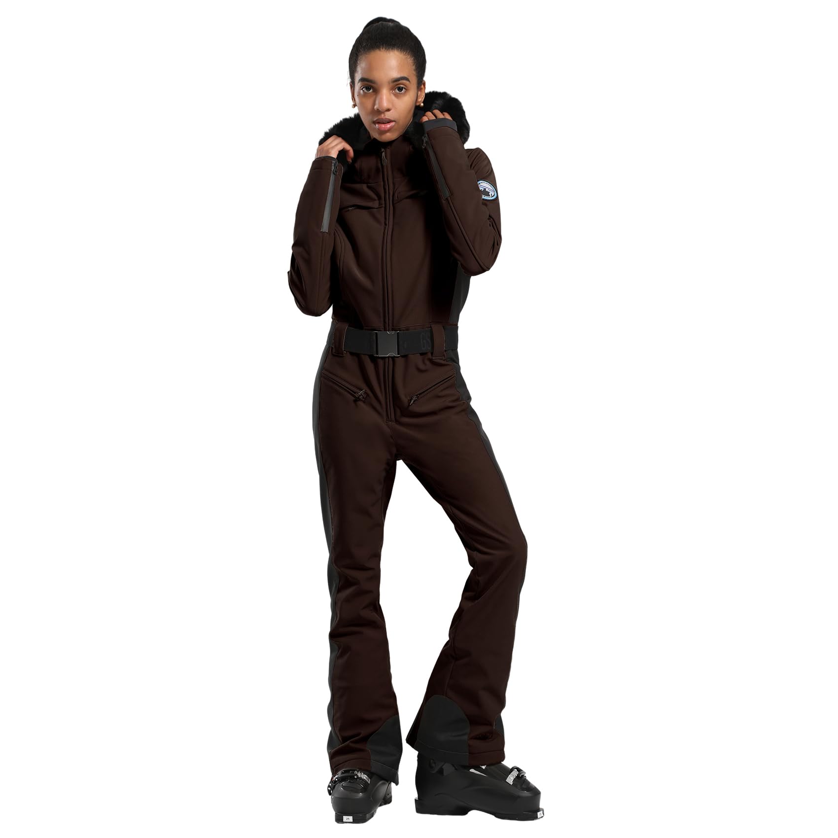 Photo 1 of GSOU SNOW Ski Suit Women One Piece Snowsuit Snowboard Slim Insulated Jumpsuit Waterproof Windproof for Winter Sports,Dark Coffee L