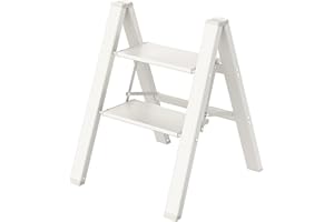 LADNAMY Step Ladder, 2 Step Ladder Folding Step Stool, Lightweight Safety Step Stools for Adults, Decorative 2 Step Ladder for Kitchen Library Closet, Aluminum Sturdy Ladders, Creamy White
