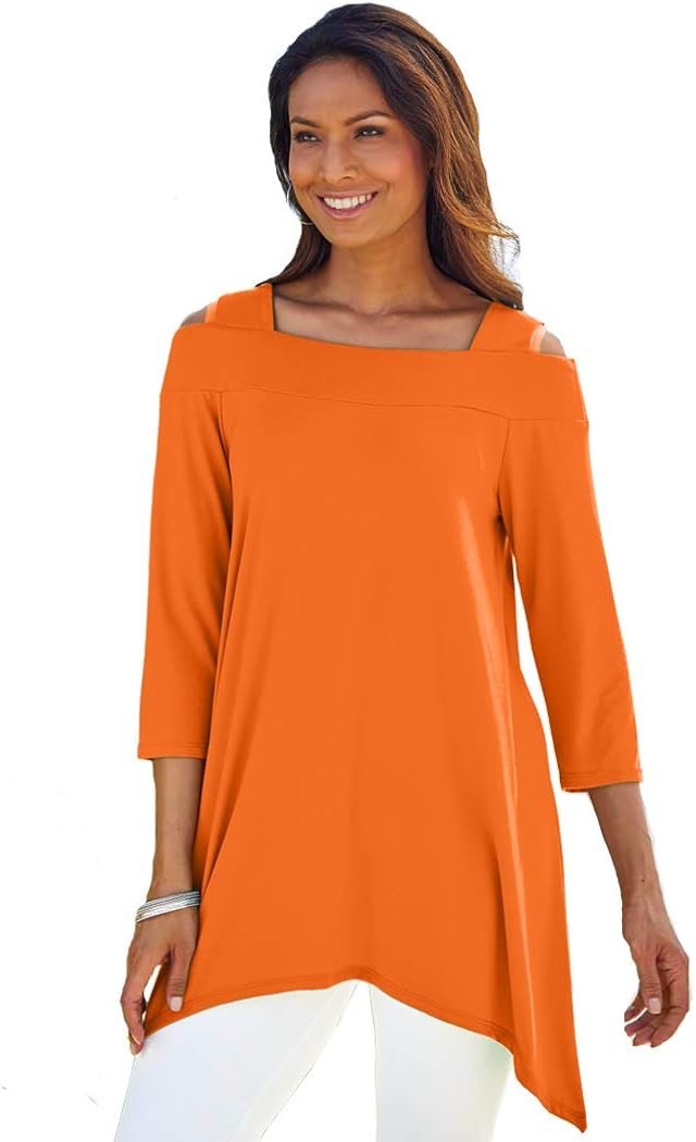 AmeriMark Women's Cold Shoulder Sharkbite Tunic Top Long Loose Shirt Blouse