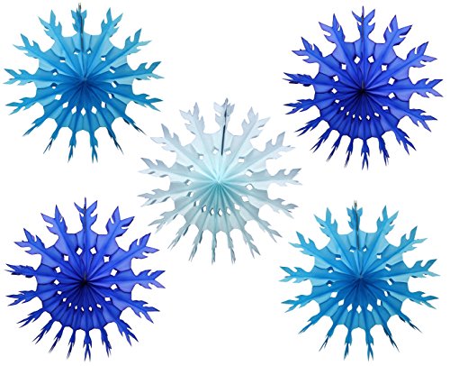 15 Inch Tissue Paper Snowflake Decorations, Set of 5 (Dark Blue, Light Blue, Turquoise)