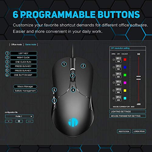 Inphic Gaming Mouse, with 6 Programmable Buttons, Silent Click, 4800DPI Adjustable, Ergonomic Design, 4 Breathing LED Backlight, Wired Quiet Mouse for PC Laptop Computer Working & Gaming