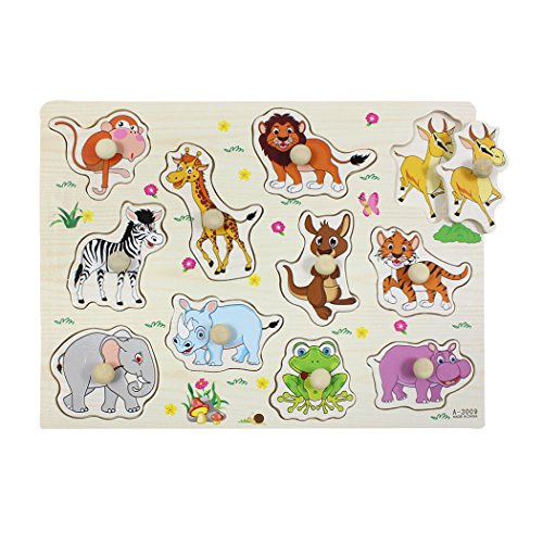 SIPLIV Wooden Pegged Puzzles Jigsaw Puzzle for 2 to 5 Years Old Kids, Home Learning Preschool Early Education Development Toys and Games, Animals