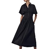 Chvity Women Stripe Tunic Maxi Shirt Dress Fashion Slim Fit Button Pleated Dresses Casual Short Sleeve Long Dress