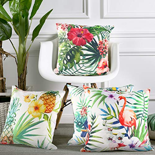 Johouse 4PCS Flamingo Throw Pillow Covers Decorative Tropical Leaves Toucan Parrot Pattern Cushion Covers for Patio Sofa Couch Summer Holiday Home Decoration,18 X 18 Inch