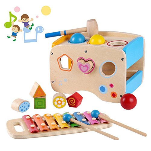 Wondertoys Wooden Toddlers Musical Toys Pound & Tap Bench Slide Out Xylophone with Mallet 3 Balls Shape Sorter Early Development Games for Toddler