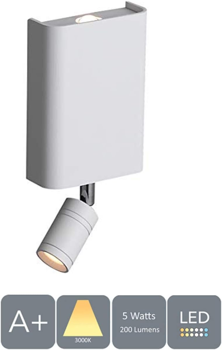 AUROLITE 1 Wall Bracket with Flexible LED, Aluminium Brushed, 19cm x 9cm x 3.3cm, Ideal for Living Room, Bedroom, Hallway, Hotel, and B&B (White with Reading Light)