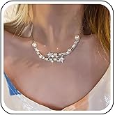 Sttiafay Crystal Pearl Star Necklace Silver Pearl Choker Necklace Rhinestone Star Pendant Necklace Pearl Star Choker Necklace Chain Sparking CZ Wedding Necklace