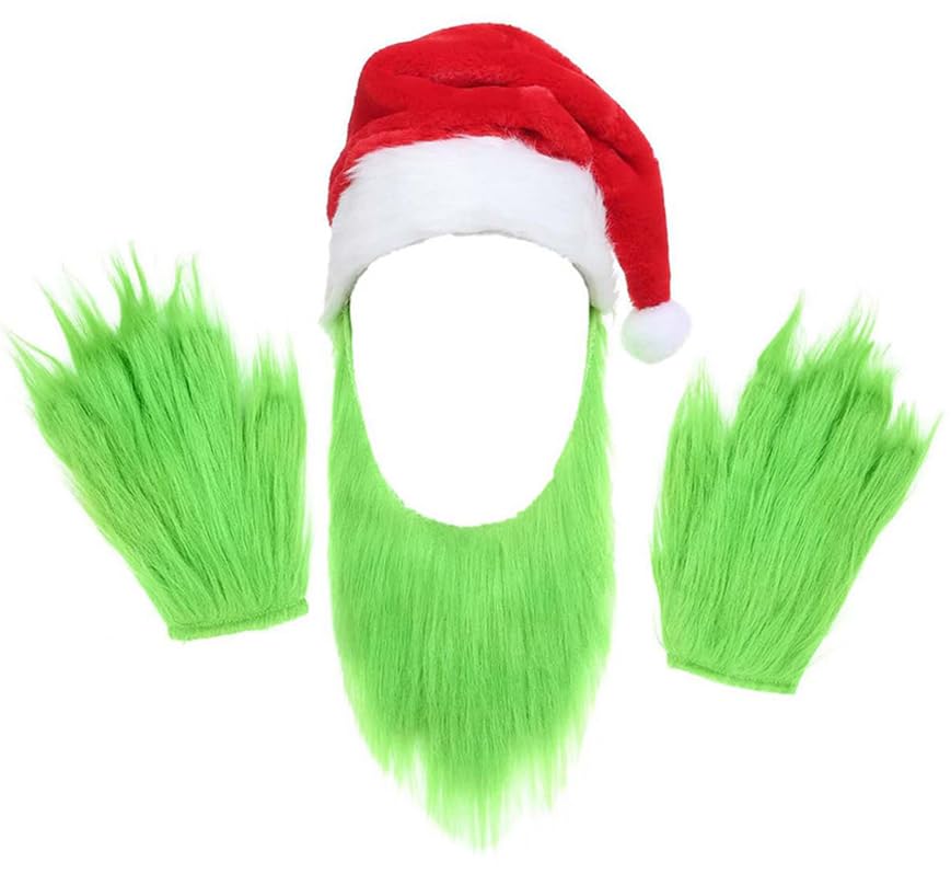 SINSEN Christmas Mask Furry Gloves Hat Green Big Monster Latex Full Head Mask Christmas Halloween Carnival Cosplay Costume Props Fancy Dress Mask for Adults