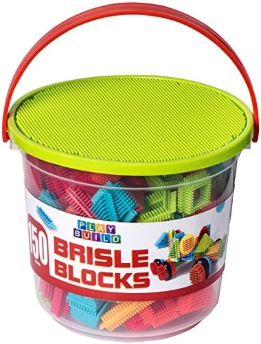 Playbuild: Bristle Blocks Building Set Educational Construction Interlocking Stacking Bristle Builder for Toddlers with Illustrated Guide Book (150-Pieces in Storage Bucket)