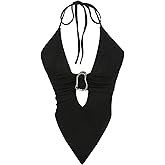 Floerns Women's Y2k Draped Halter Neck Ruched Tie Backless Tank Top Deep V Neck Going Out Cami Tops