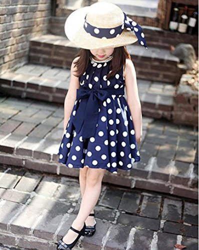 Shybuy Toddlers Polka Dot Skirt Sleeveless Flowers Girl Vintage Bow Dress (Blue, 5-6Y)