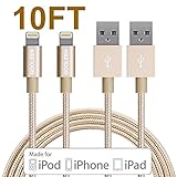Lightning Cable, GOOLEEN 2Pack 10FT Nylon Braided Extra Long 8 pin USB Charger Cables and Sync Charging Cord For Apple iPhone SE/6/6s/6 plus/6s plus,5c/5s/5,iPad Pro/Air/Mini,iPod Nano/Touch- Gold