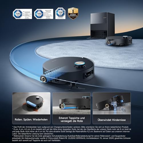 Aqua10 Ultra Roller Complete Saugroboter mit Wischfunktion, 30.000Pa Saugkraft, 8 cm Hindernisfreiheit, Selbstreinigung der Rollen, automatisches Entleeren, intelligente Sprachsteuerung Schwarz