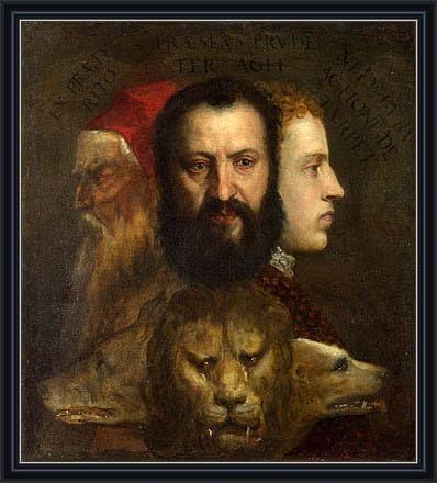 Titian (An Allegory of Prudence, c.1550/65) Canvas Art Print Reproduction Framed with 2.6" wide Black Frame and Gold Edge (28x25 in) (71x64 cm)