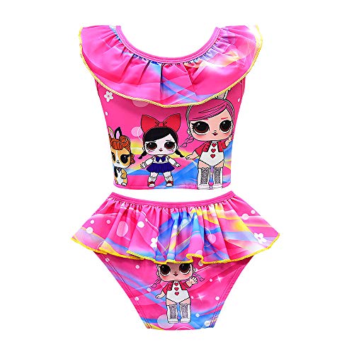 Rohero Toddler Baby Girls Swimsuits Doll Print Ruffle Tulle Swimwear Bathing Suit for Doll Surprised (140cm/ 7-8Y, Rose)