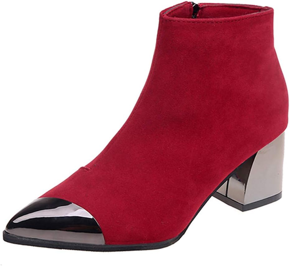 Rawdah Fashion Women Metal Pointed Toe Block Square Low Heels Suede High Heel Ladies Solid Mid Cuff Ankle Boots Wedges Chelsea Martin Boots Winter Autumn Work
