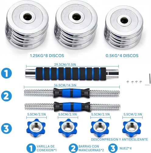 Kit Mancuernas 15 kg 3 en 1 Multi-Uso con Varilla de conexión para Entrenamiento de Ejercicio en el Gimnasio en casa. Con Barra de Discos Ajustables a 15 Kg