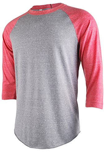 TL Men's Basic 3/4 Sleeve Baseball Top Fitted Tri-blend Raglan T-Shirt LTGREY_RED XL